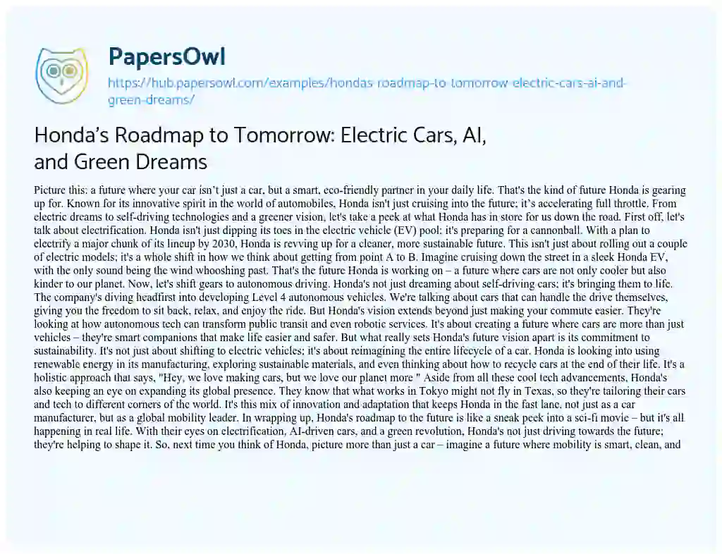 Essay on Honda’s Roadmap to Tomorrow: Electric Cars, AI, and Green Dreams