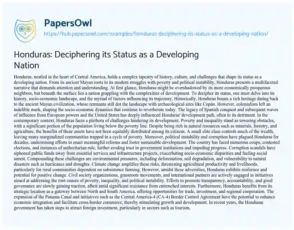 Essay on Honduras: Deciphering its Status as a Developing Nation