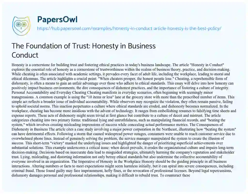 Essay on The Foundation of Trust: Honesty in Business Conduct