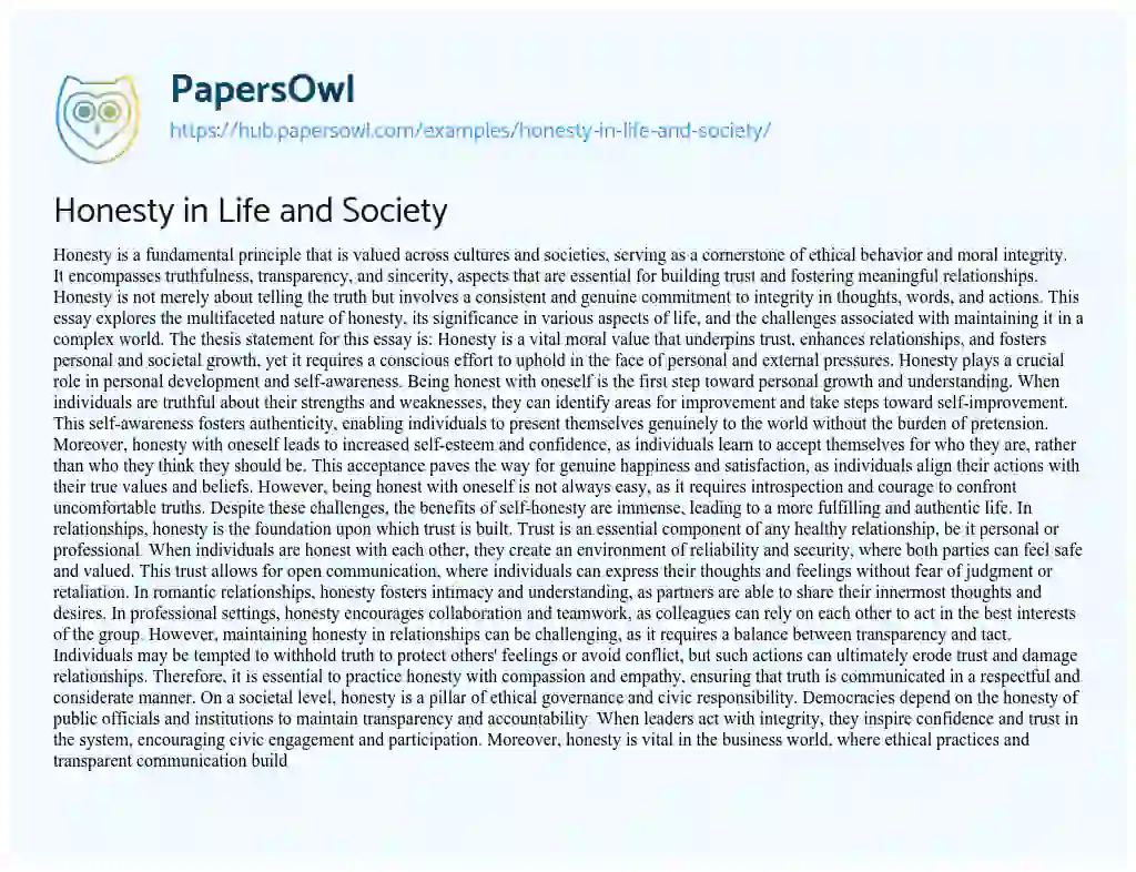Essay on Honesty in Life and Society