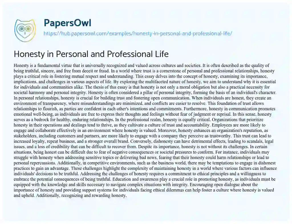Essay on Honesty in Personal and Professional Life