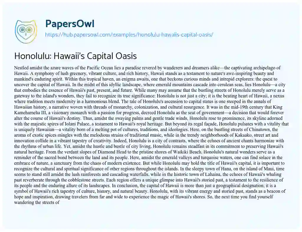 Essay on Honolulu: Hawaii’s Capital Oasis
