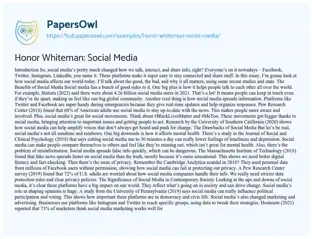 Essay on Honor Whiteman: Social Media