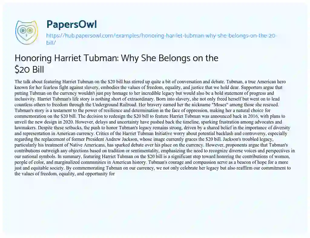 Essay on Honoring Harriet Tubman: Why She Belongs on the $20 Bill