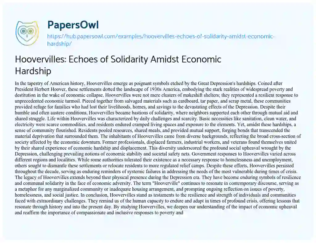 Essay on Hoovervilles: Echoes of Solidarity Amidst Economic Hardship
