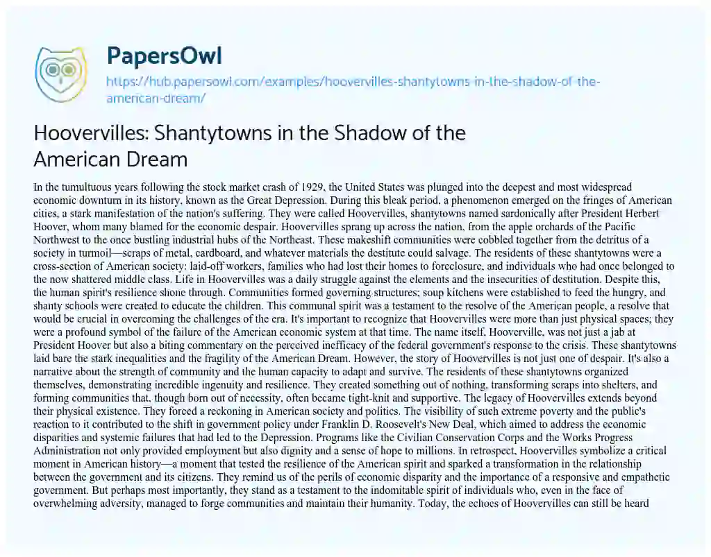 Essay on Hoovervilles: Shantytowns in the Shadow of the American Dream