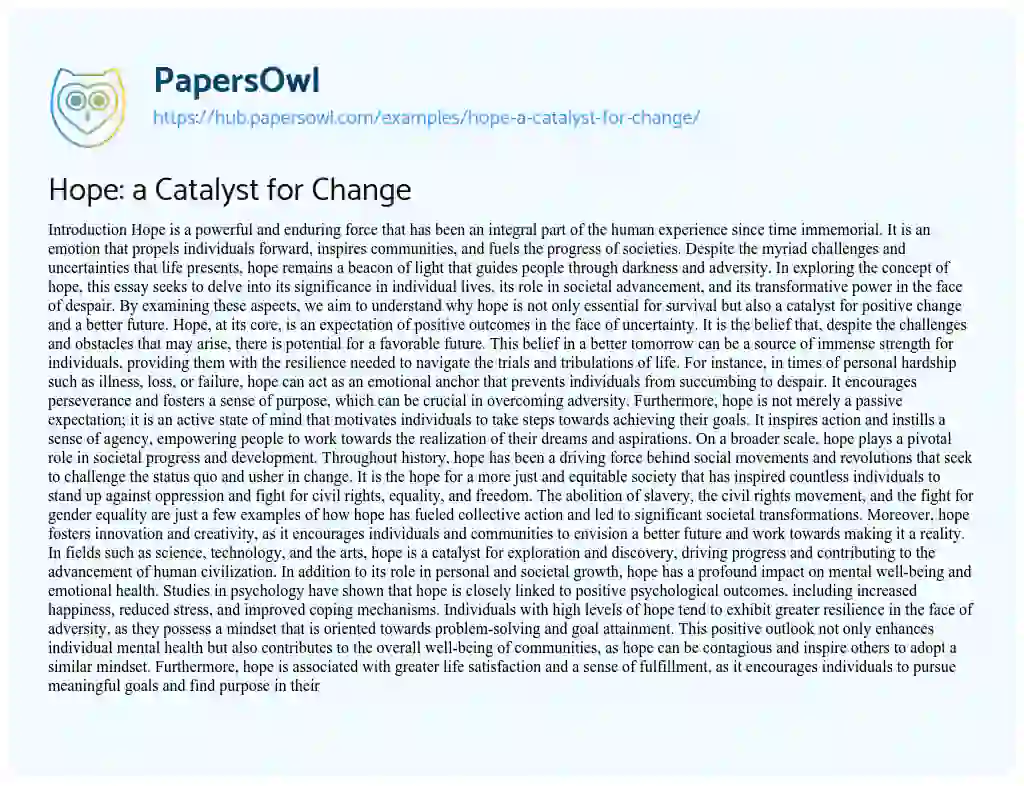 Essay on Hope: a Catalyst for Change
