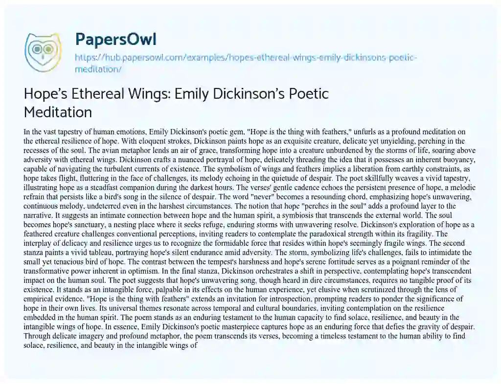 Essay on Hope’s Ethereal Wings: Emily Dickinson’s Poetic Meditation