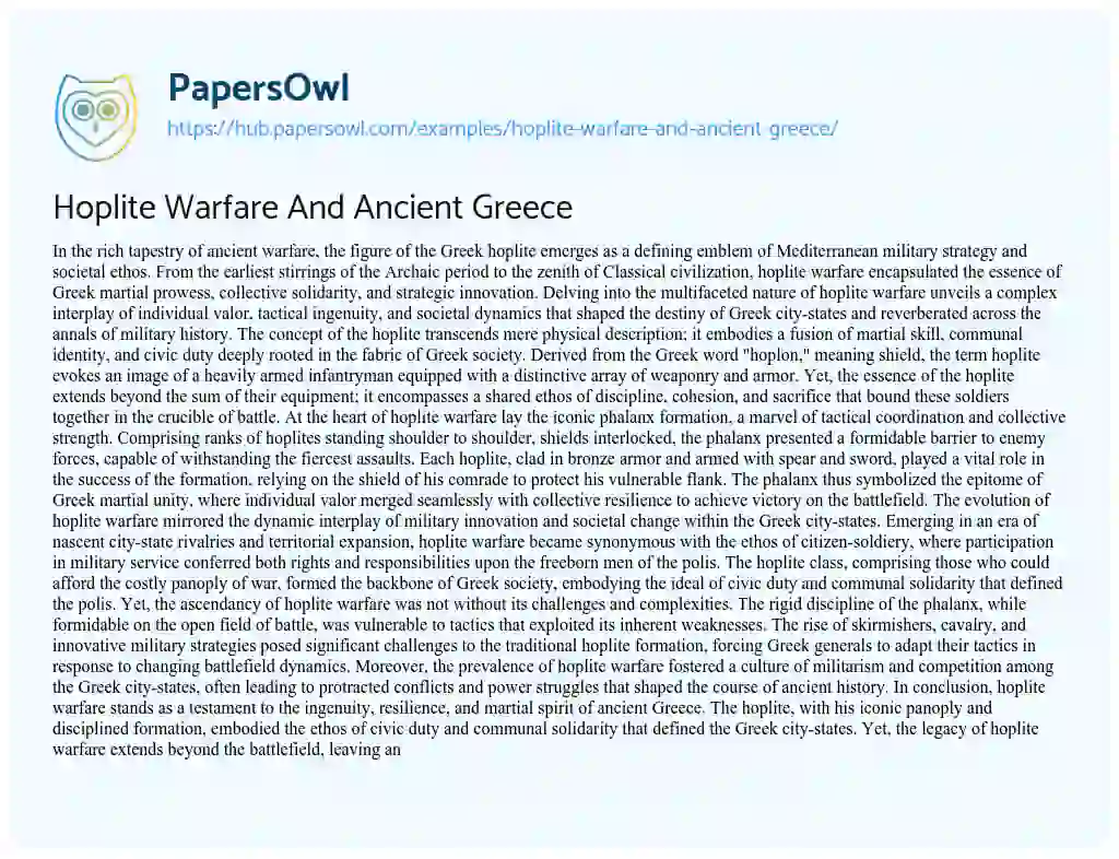 Essay on Hoplite Warfare And Ancient Greece