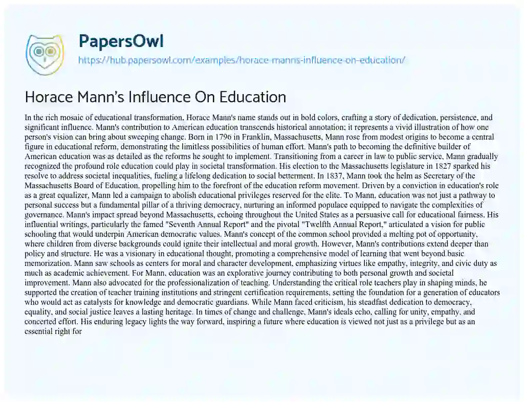 Essay on Horace Mann’s Influence On Education
