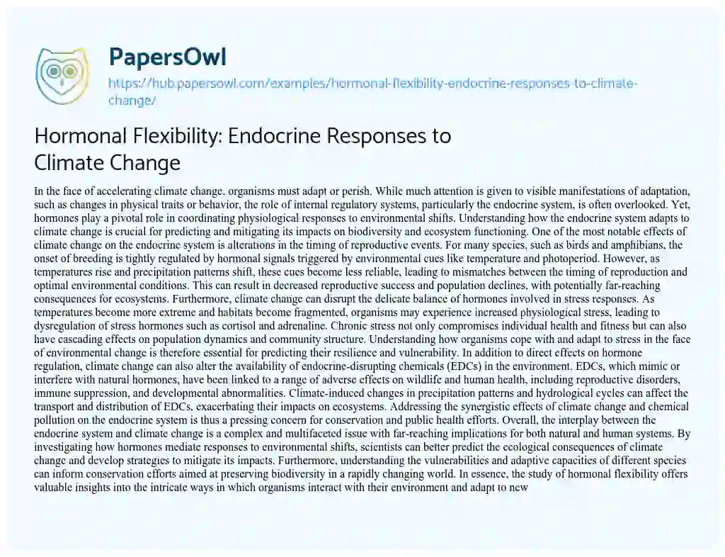 Essay on Hormonal Flexibility: Endocrine Responses to Climate Change