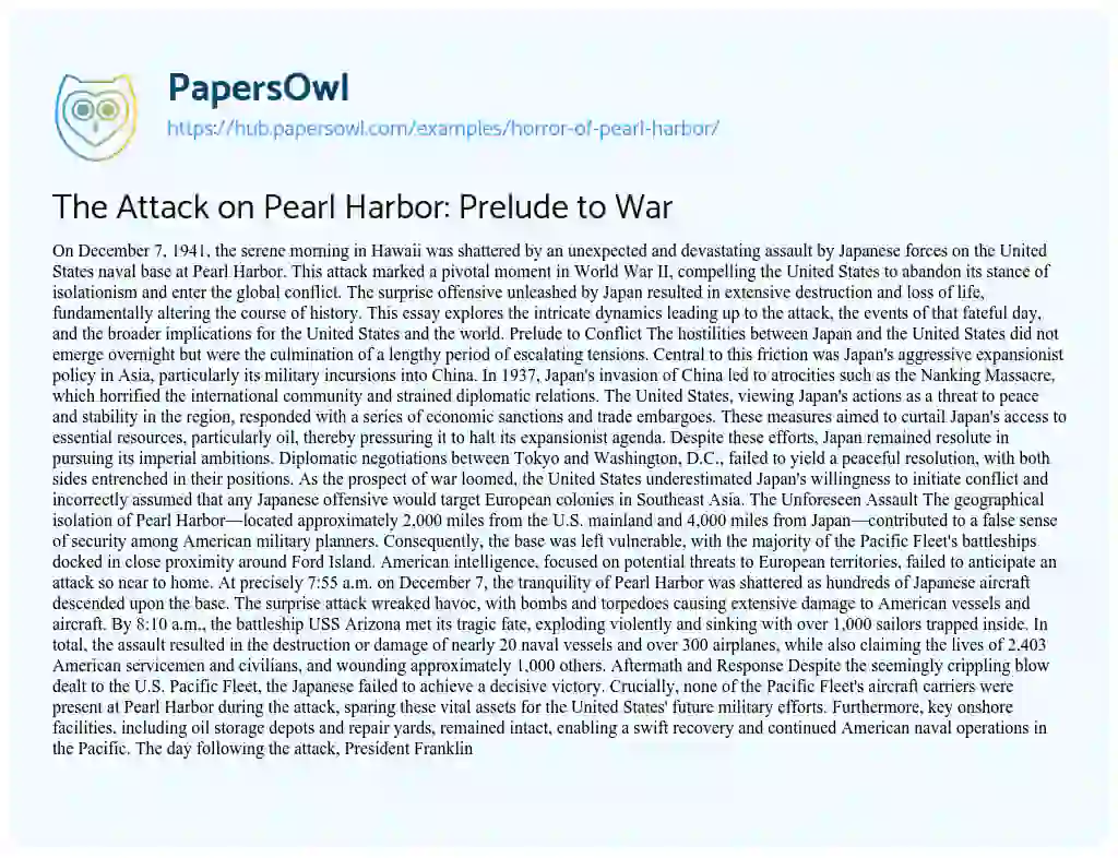 Essay on The Attack on Pearl Harbor: Prelude to War