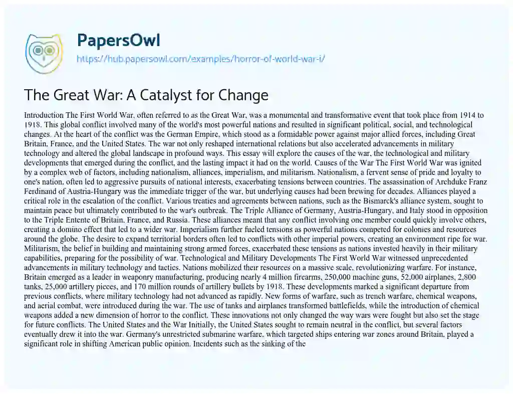 Essay on The Great War: A Catalyst for Change