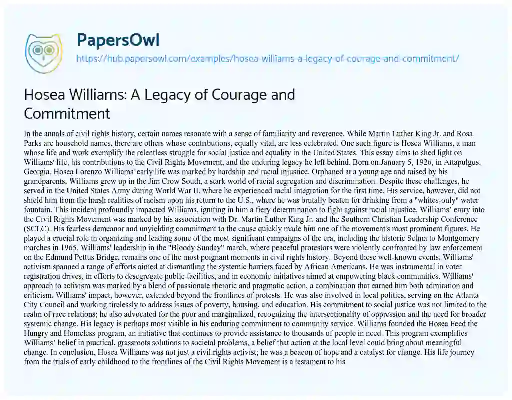 Essay on Hosea Williams: A Legacy of Courage and Commitment