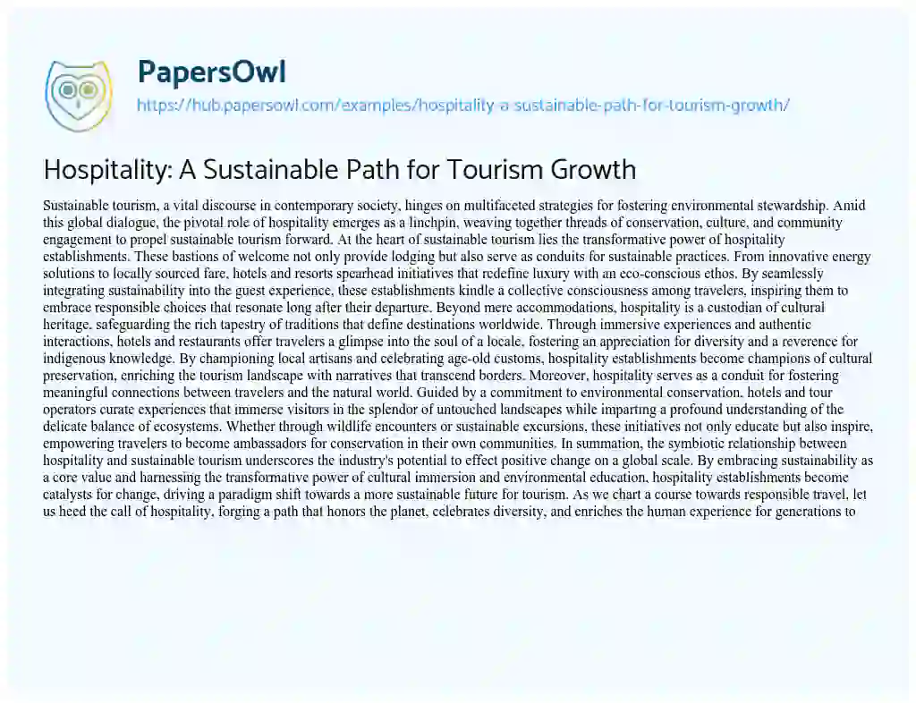 Essay on Hospitality: A Sustainable Path for Tourism Growth