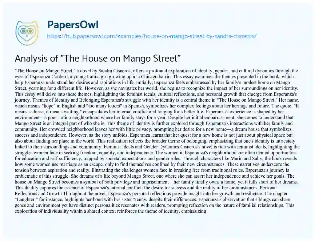 Essay on Analysis of “The House on Mango Street”