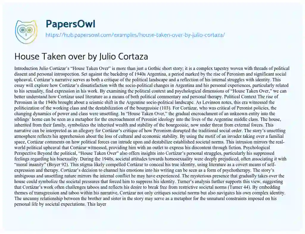 Essay on House Taken over by Julio Cortaza