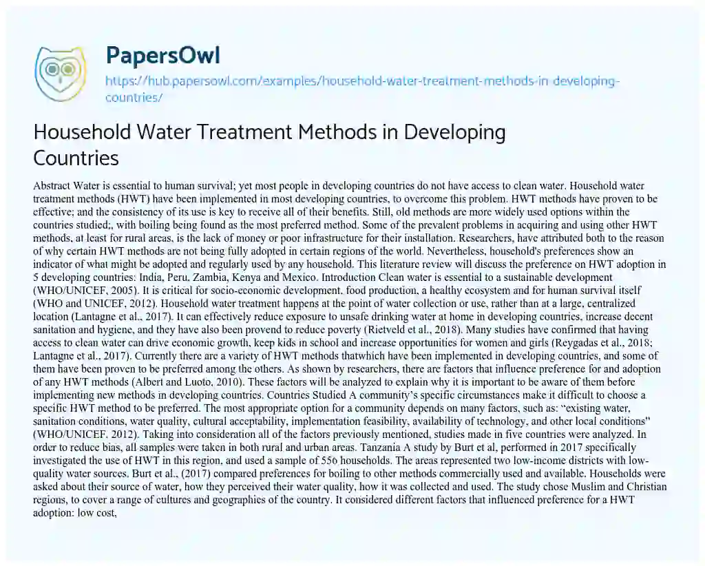 Essay on Household Water Treatment Methods in Developing Countries