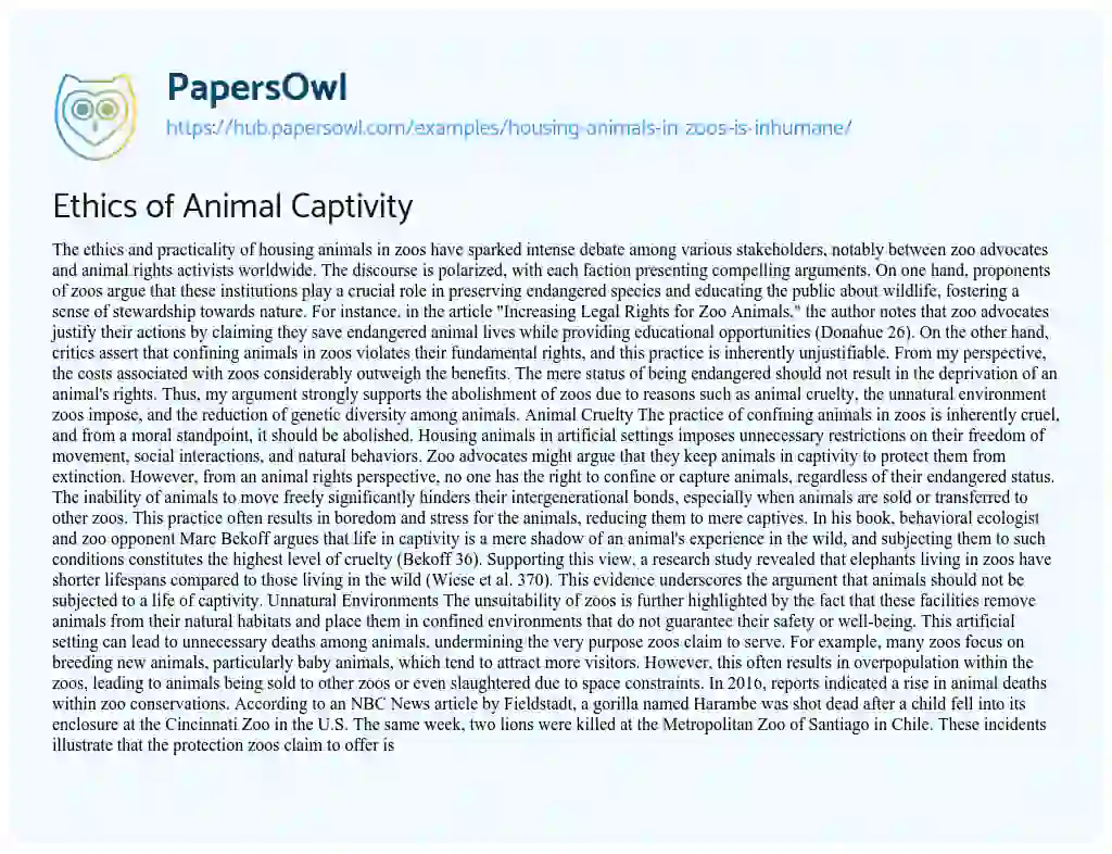 Essay on Ethics of Animal Captivity