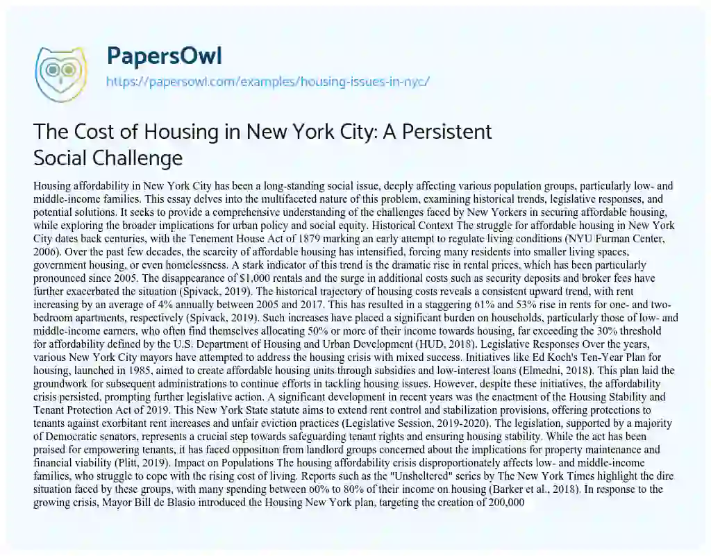 Essay on The Cost of Housing in New York City: A Persistent Social Challenge