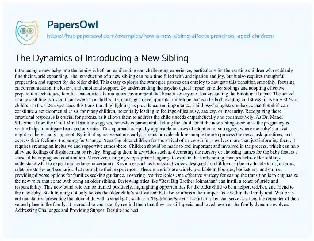 Essay on The Dynamics of Introducing a New Sibling