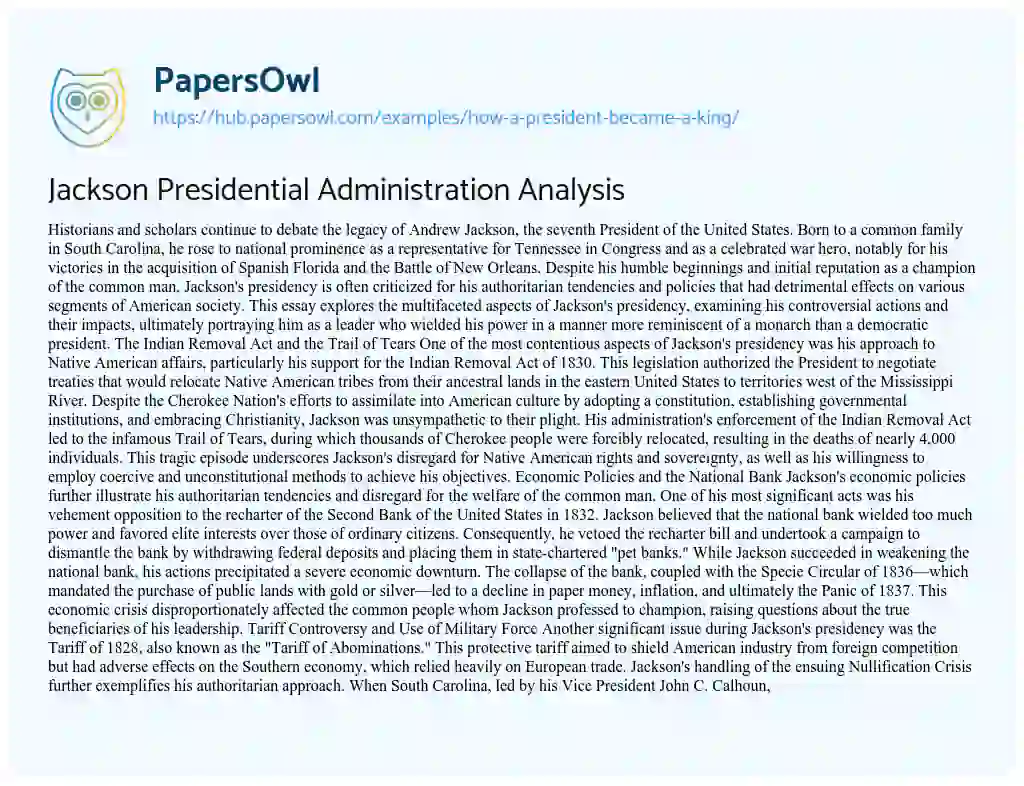 Essay on Jackson Presidential Administration Analysis