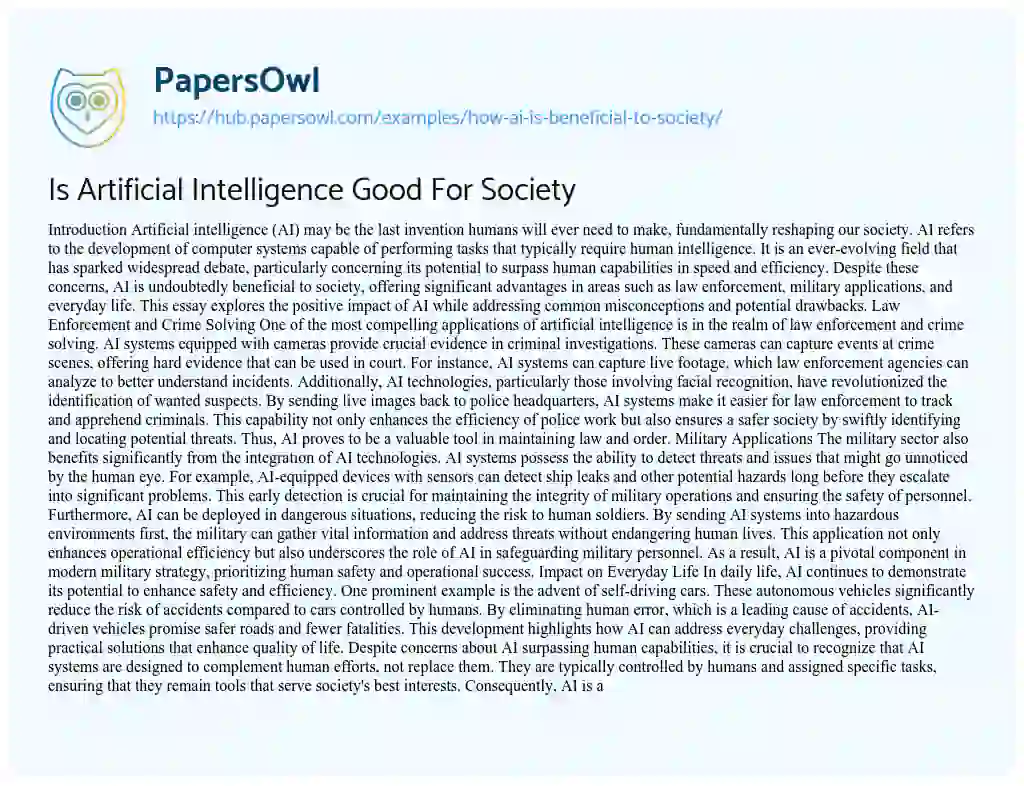 Essay on Is Artificial Intelligence Good For Society