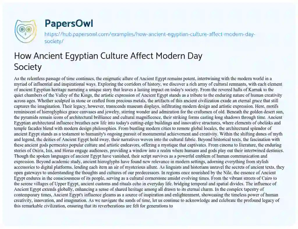 Essay on How Ancient Egyptian Culture Affect Modern Day Society