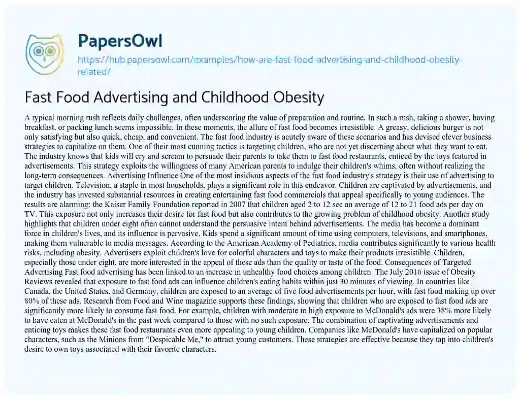 Essay on Fast Food Advertising and Childhood Obesity