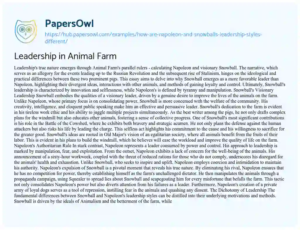 Essay on Leadership in Animal Farm