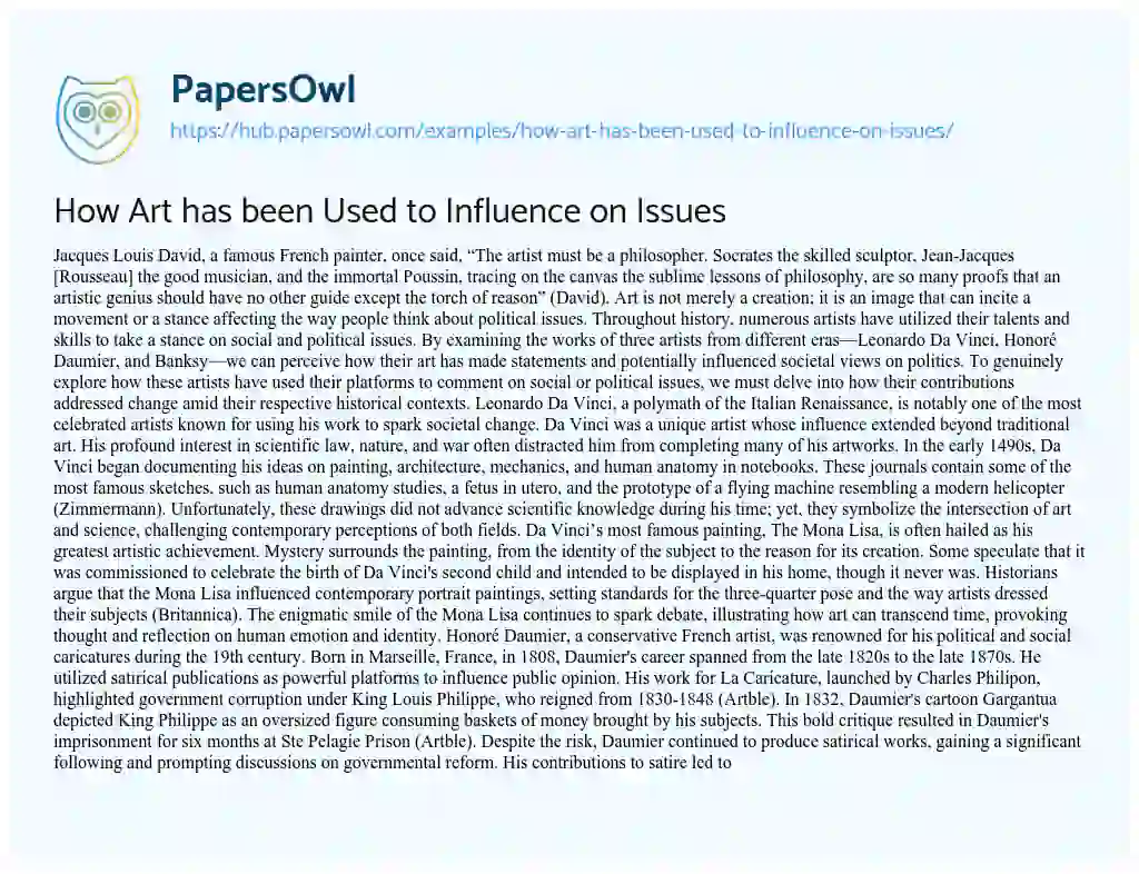 Essay on How Art has been Used to Influence on Issues