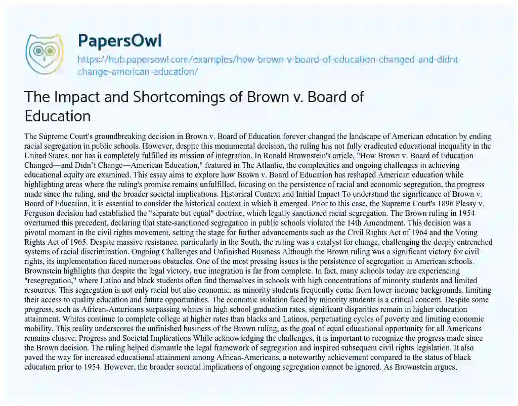 Essay on The Impact and Shortcomings of Brown v. Board of Education