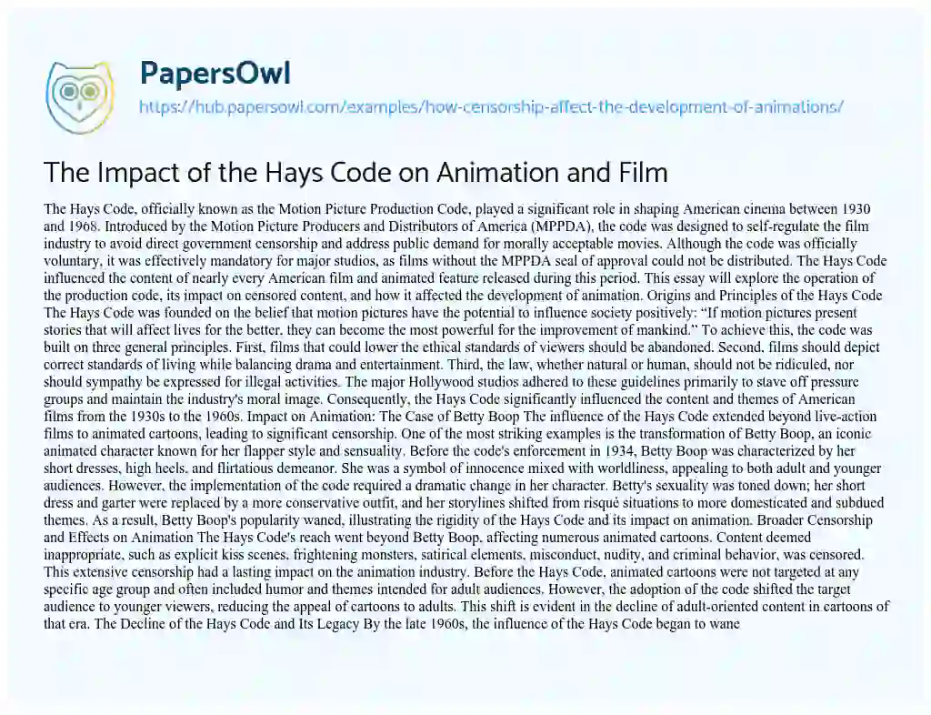 Essay on The Impact of the Hays Code on Animation and Film