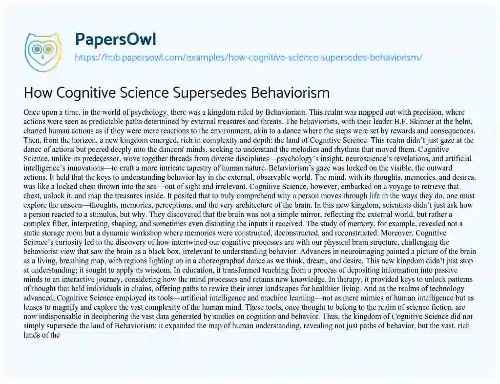 Essay on How Cognitive Science Supersedes Behaviorism