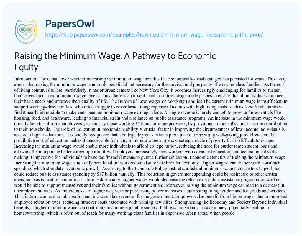 Essay on Raising the Minimum Wage: A Pathway to Economic Equity