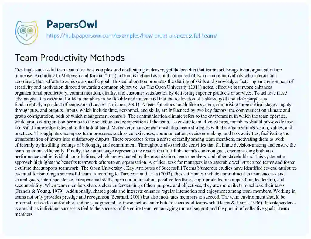 Essay on Team Productivity Methods