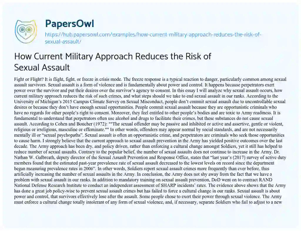 Essay on How Current Military Approach Reduces the Risk of Sexual Assault