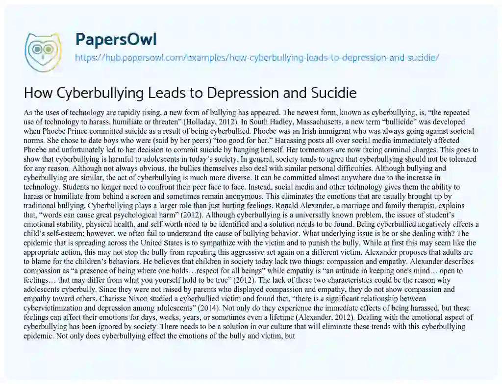 Essay on How Cyberbullying Leads to Depression and Sucidie