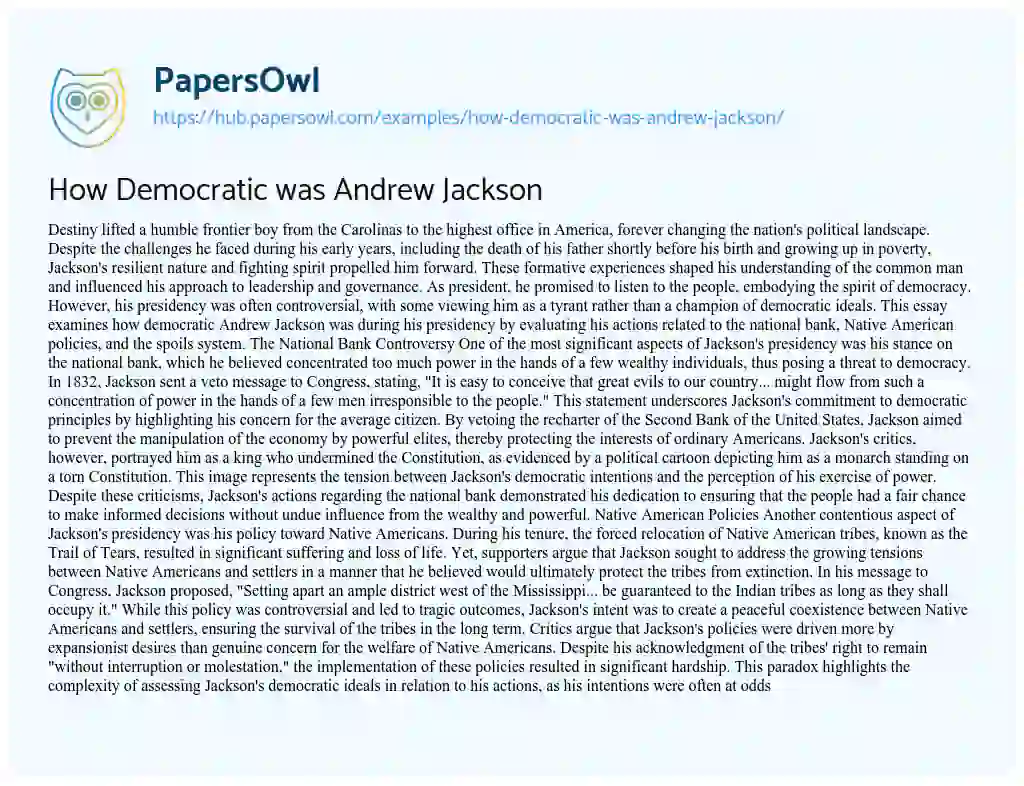 Essay on How Democratic was Andrew Jackson