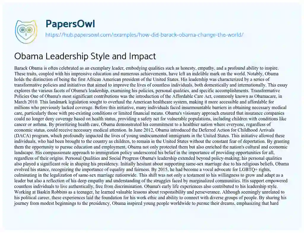 Essay on Obama Leadership Style and Impact