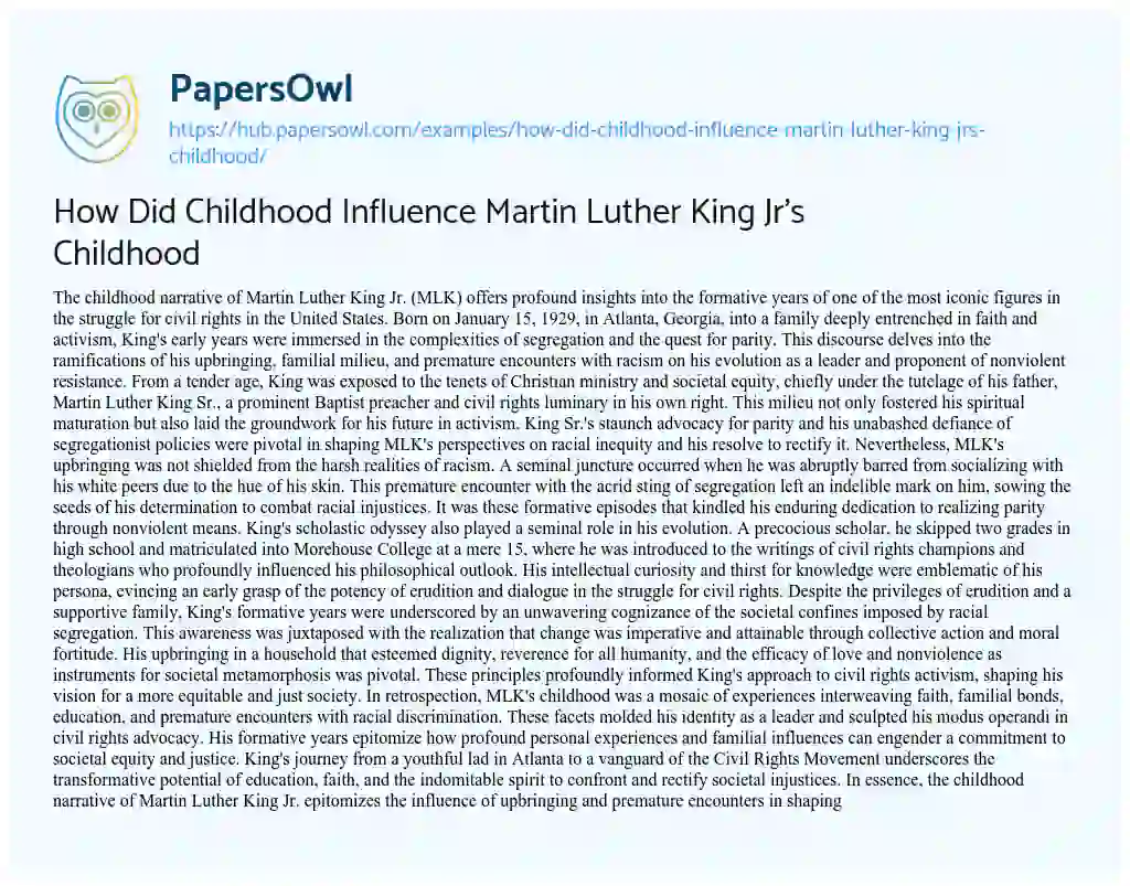 Essay on How Did Childhood Influence Martin Luther King Jr’s Childhood