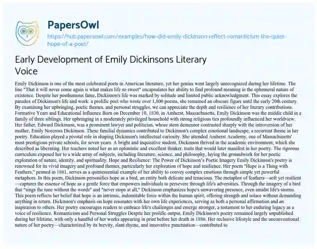 Essay on Early Development of Emily Dickinsons Literary Voice