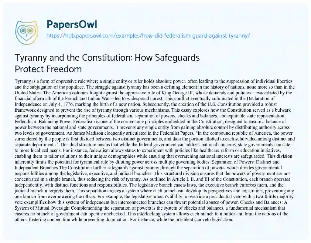 Essay on Tyranny and the Constitution: How Safeguards Protect Freedom