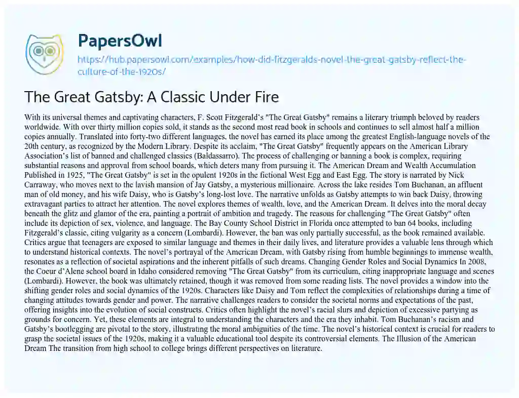 Essay on The Great Gatsby: A Classic Under Fire