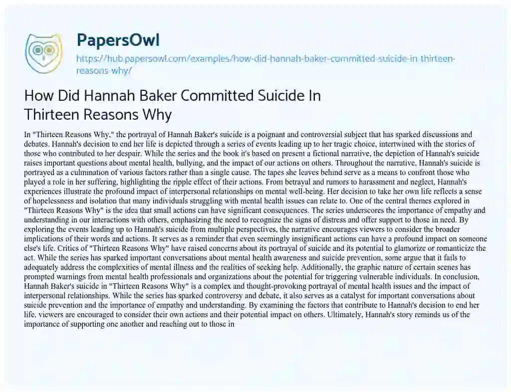 Essay on How Did Hannah Baker Committed Suicide In Thirteen Reasons Why
