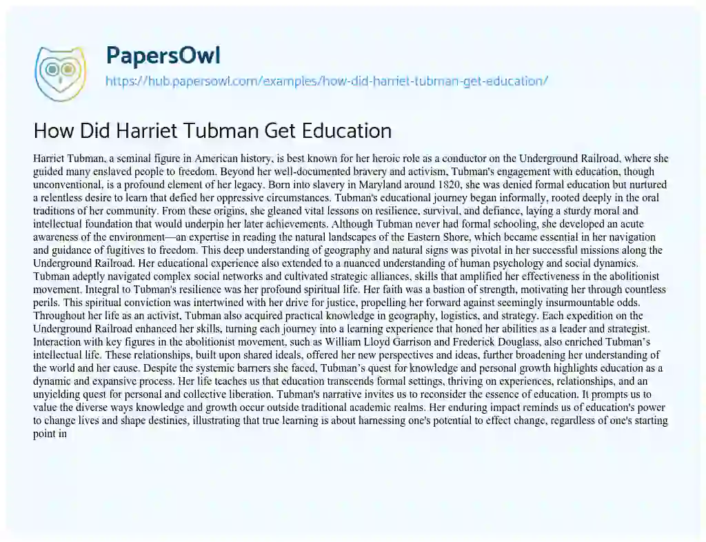 Essay on How Did Harriet Tubman Get Education
