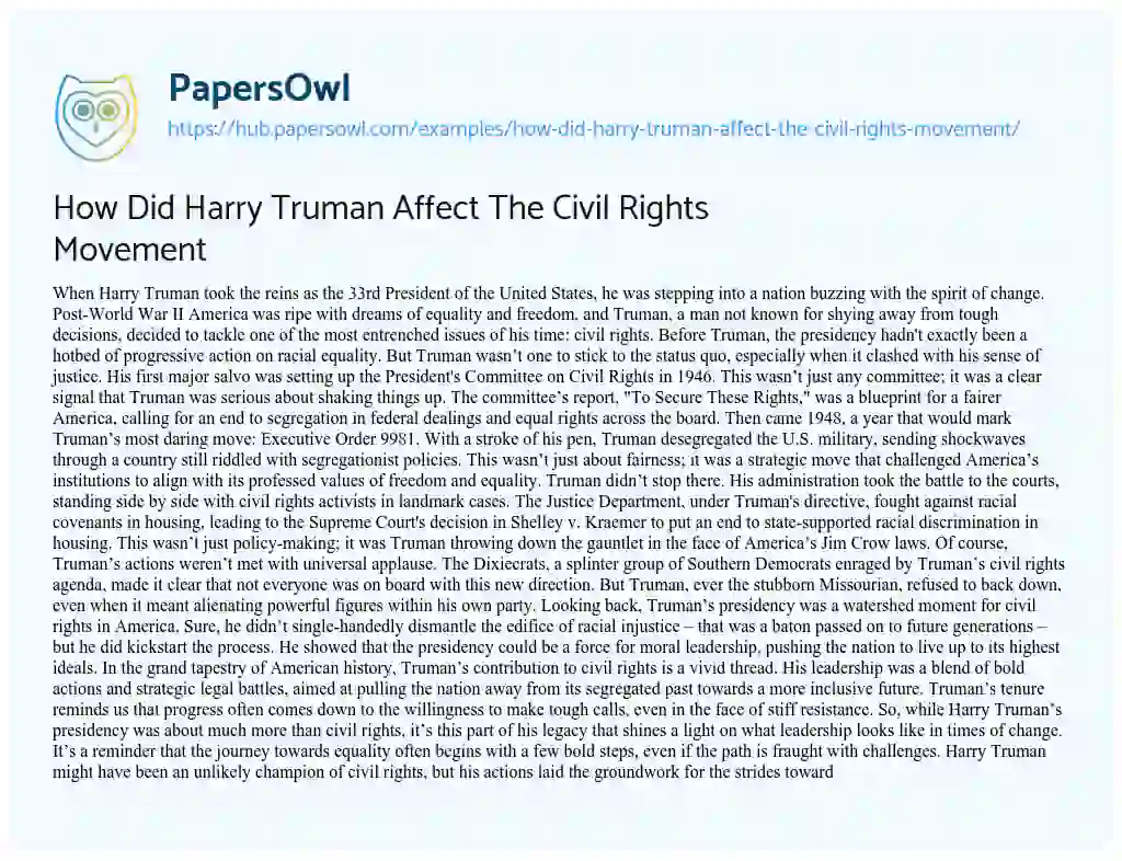 Essay on How Did Harry Truman Affect The Civil Rights Movement