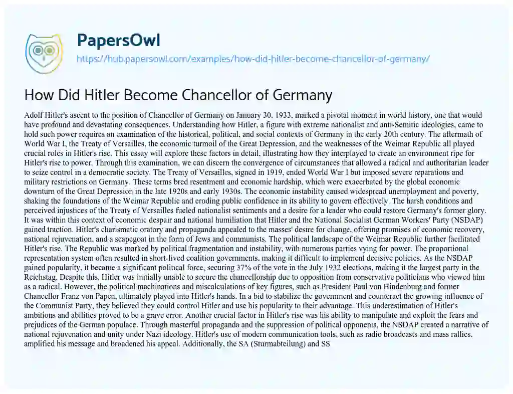 Essay on How Did Hitler Become Chancellor of Germany