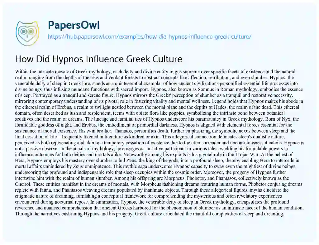 Essay on How Did Hypnos Influence Greek Culture