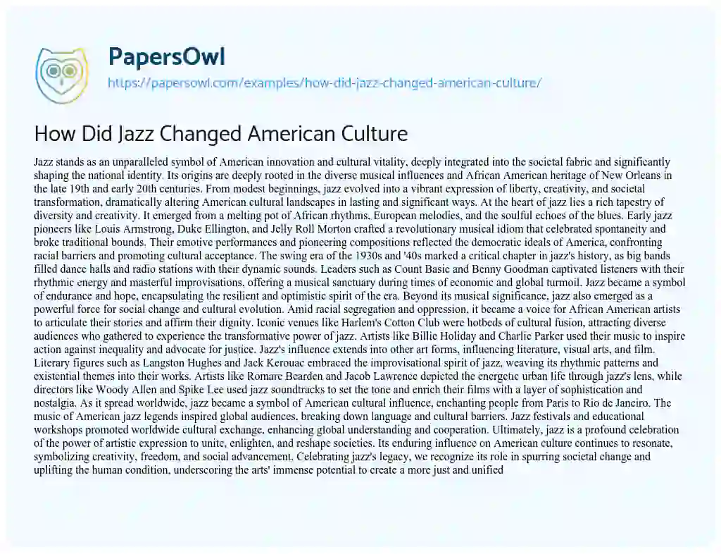 Essay on How Did Jazz Changed American Culture